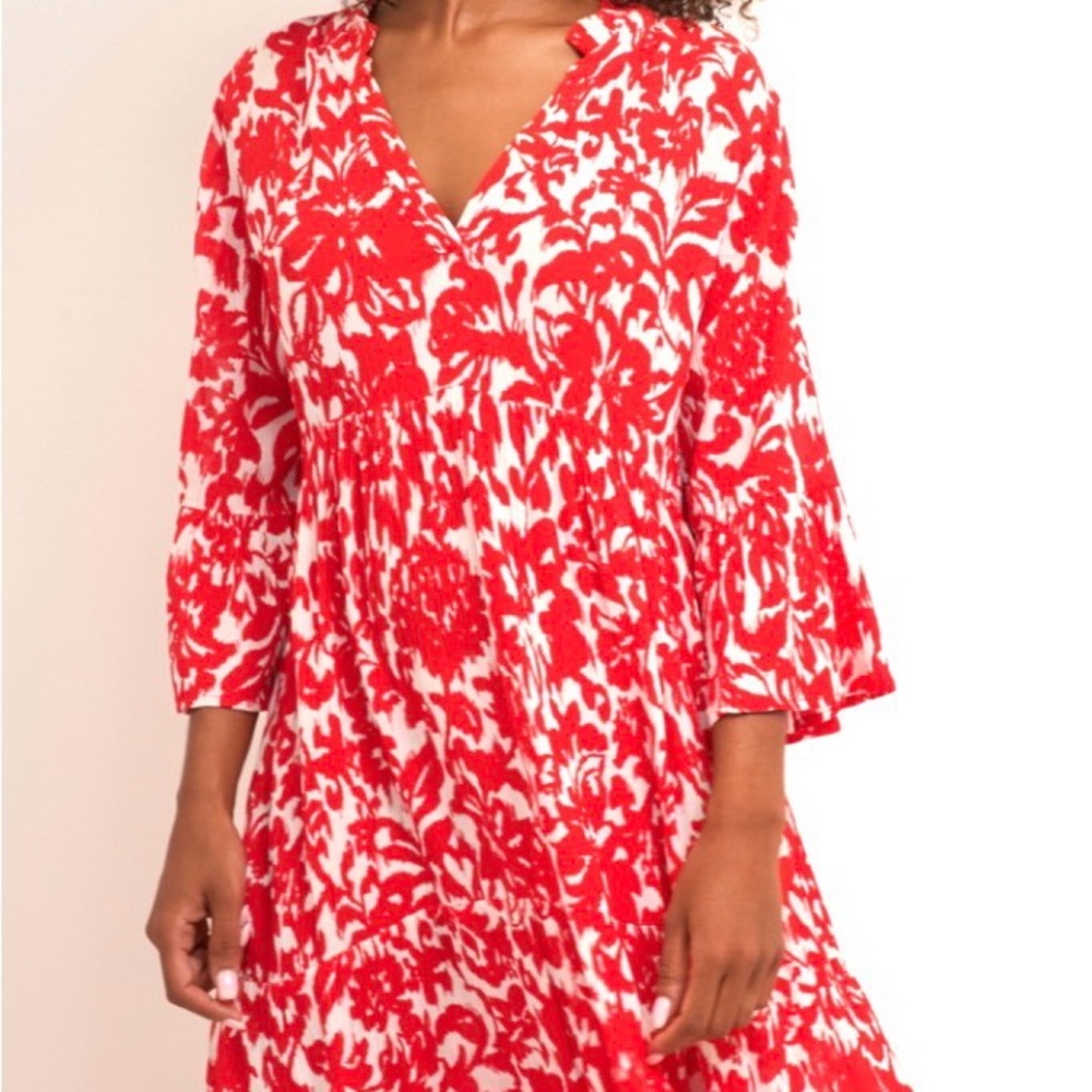 AFF Red and White Floral V-Neck Tunic
